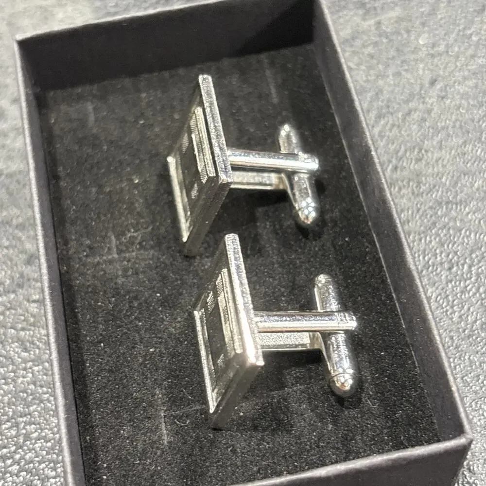 Vintage Mid Century Silver Tone Geometric Cufflinks Mens Formal Jewelry With Box